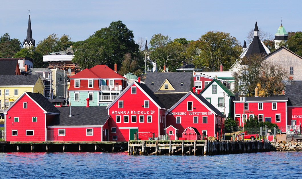 A wide shot of the town of Lunenburg in Nova Scotia, Canada.