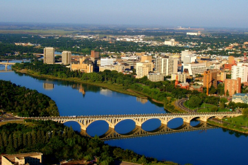 An aerial view of University Bridge in downtown Saskatoon, Saskatchewan, Canada